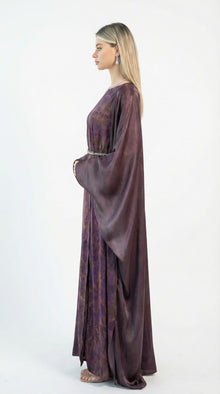 Asha Plum Abstract Print Set detail by MOOEi — Luxury Evening Wear Dubai