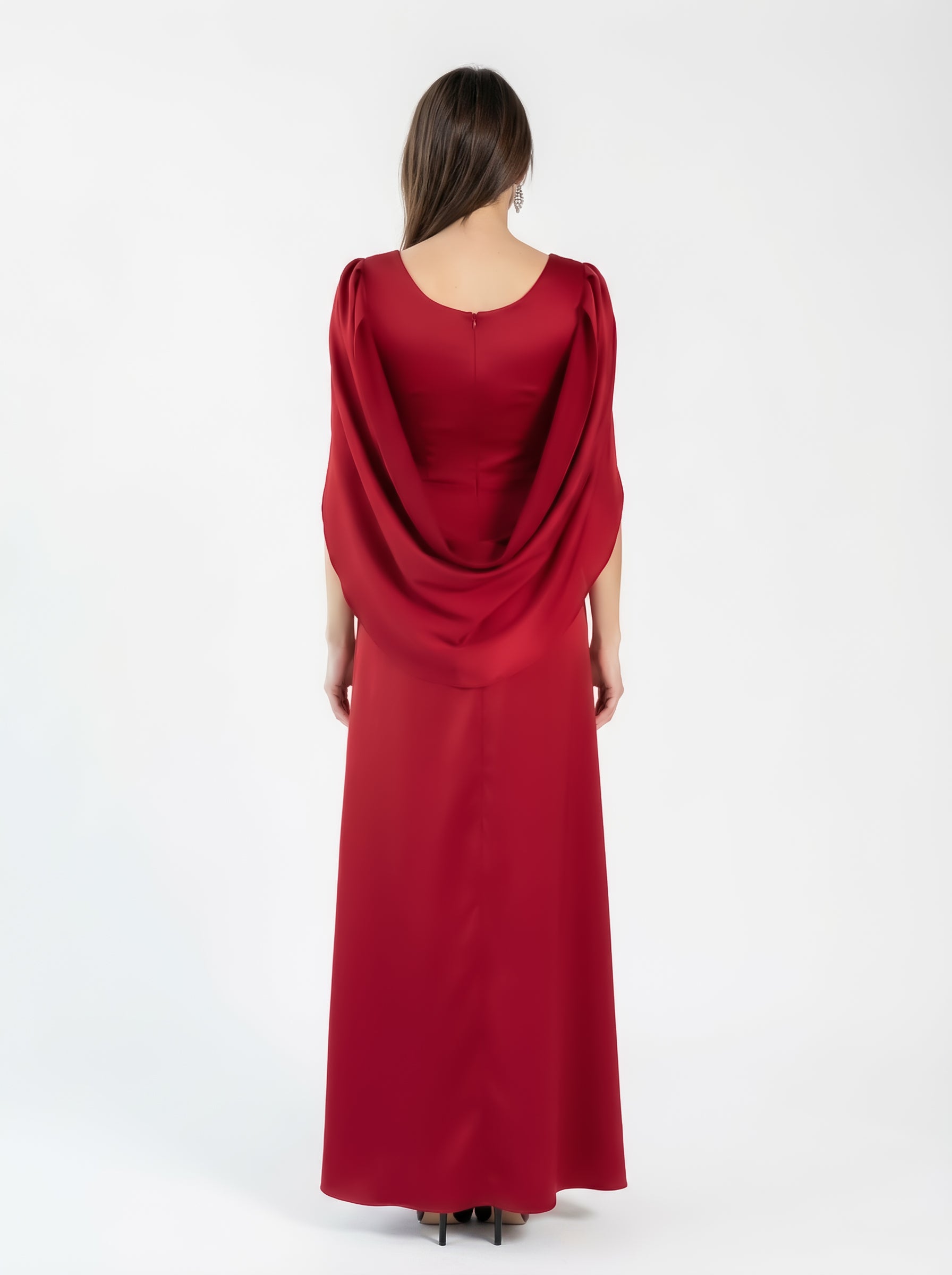 Ananta Red Floor Length Pleated Cape Gown side view by MOOEi — Luxury Evening Wear Dubai