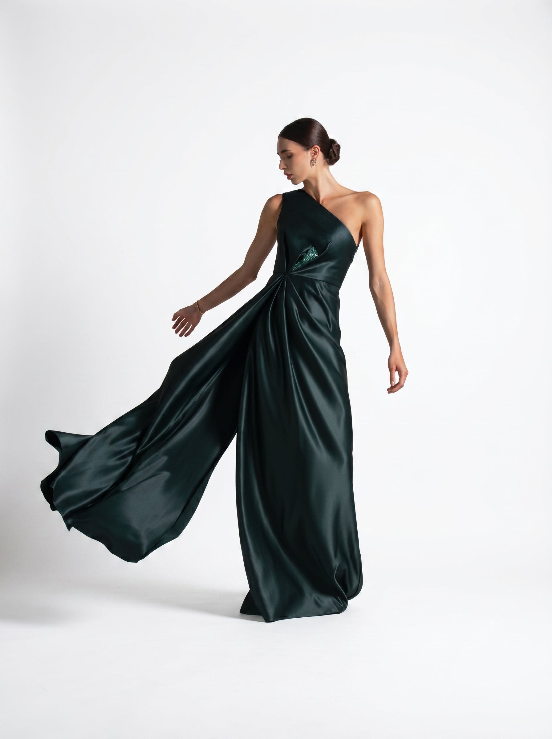 Blanche Emerald Green Taffeta Gown side detail by MOOEi — Luxury Evening Wear Dubai