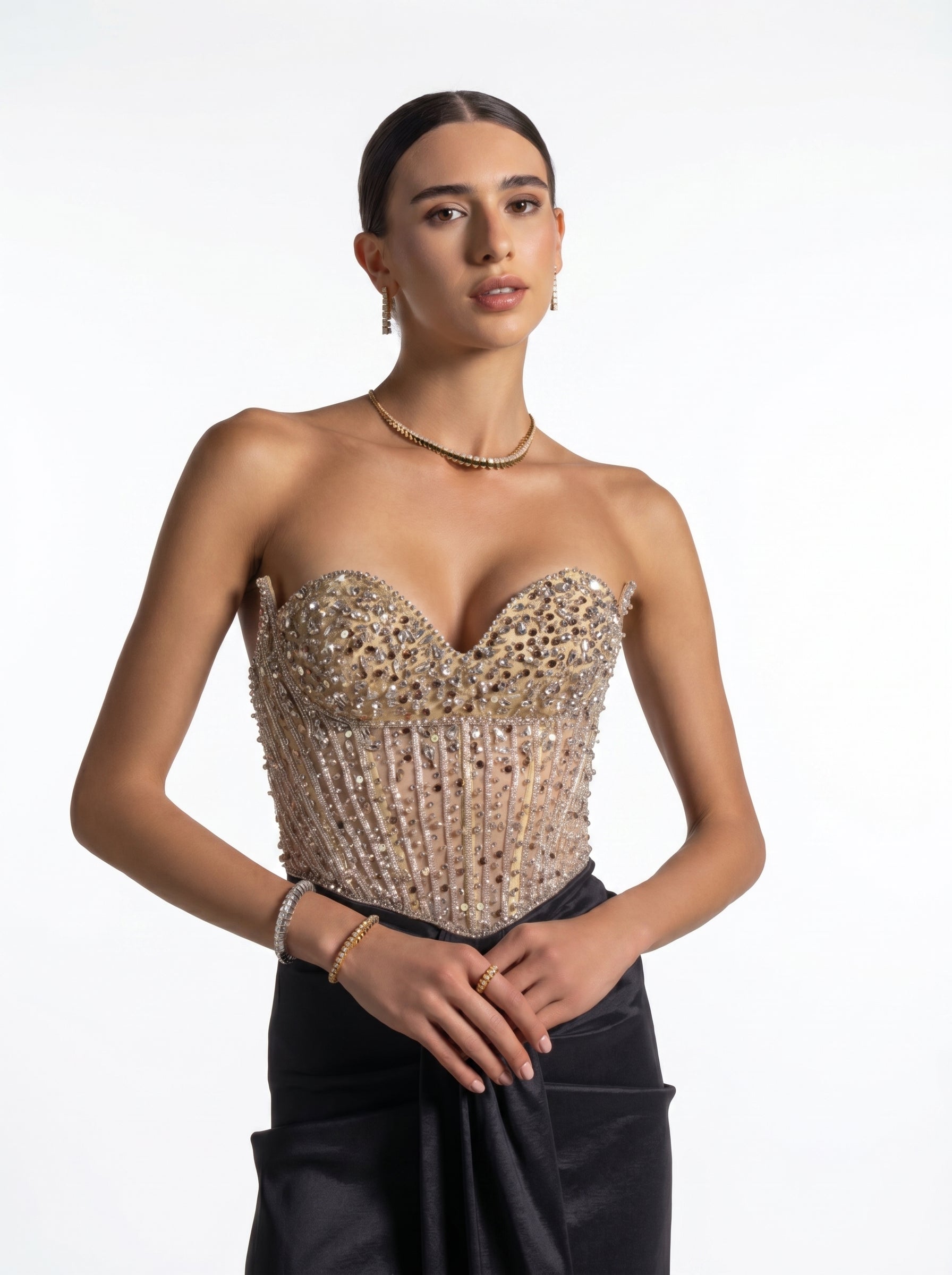 Marguerite Black Beaded Corset Bodice Draped Skirt Couture Gown