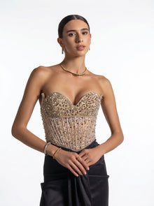 Marguerite Black Beaded Corset Bodice Draped Skirt Couture Gown