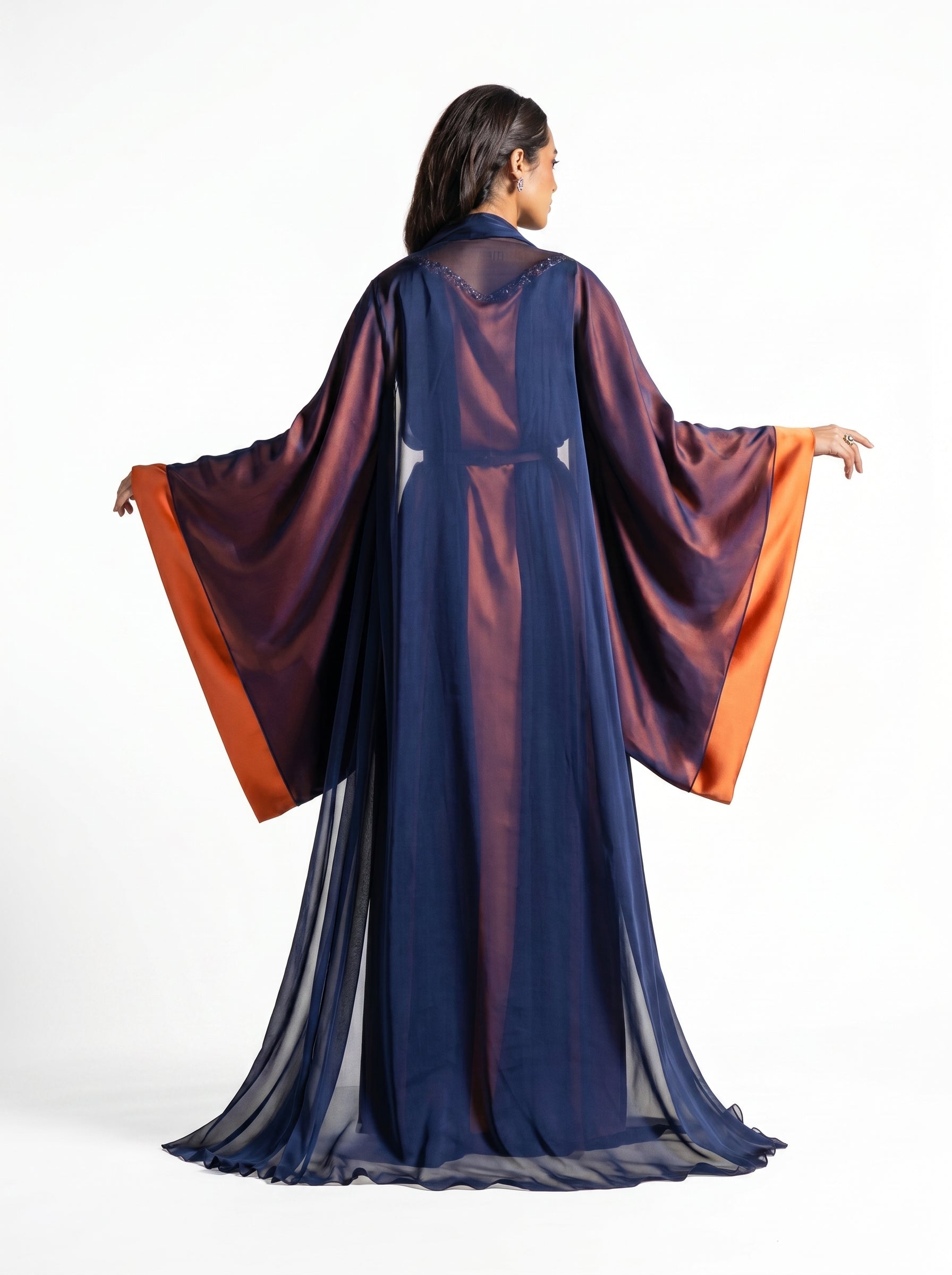 Irene Navy Blue Tangerine Chiffon Satin Gown