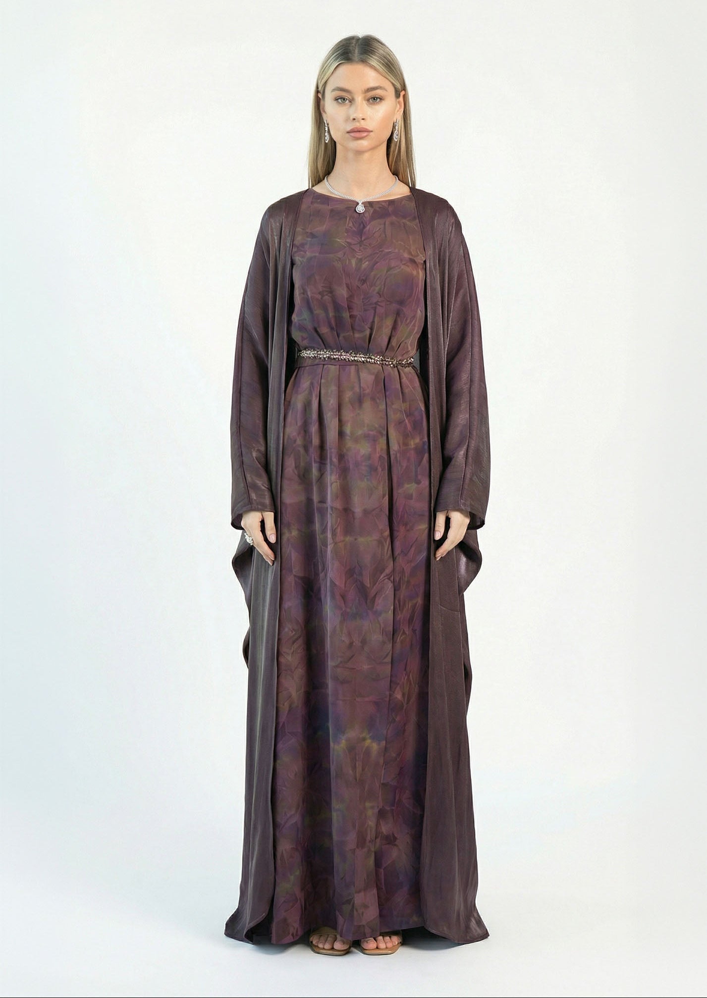 Asha Eggplant Plum Abstract Print Cape Dress Set by MOOEi — Luxury Evening Wear Dubai