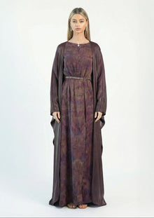 Asha Eggplant Plum Abstract Print Cape Dress Set by MOOEi — Luxury Evening Wear Dubai
