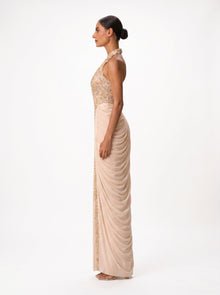 Lindy Beige Sequin Halter Column Gown