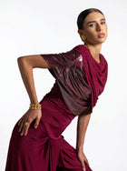 Diana Maroon Asymmetric Draped Metallic Detail Gown