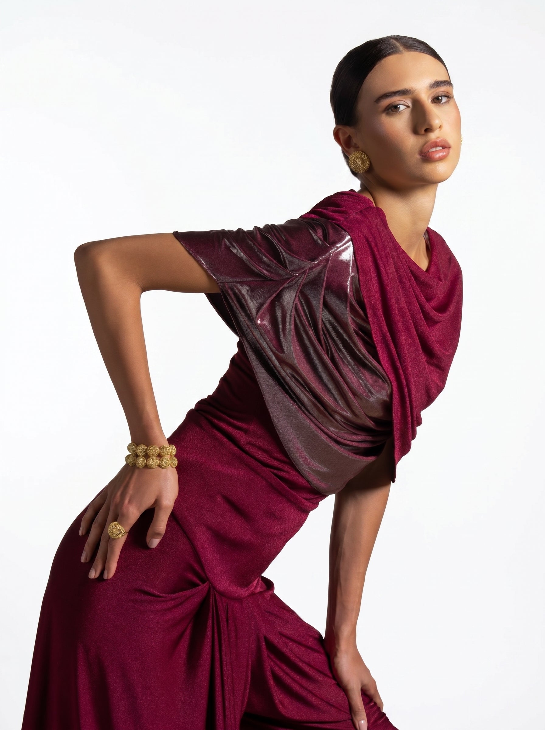 Diana Maroon Asymmetric Draped Metallic Detail Gown