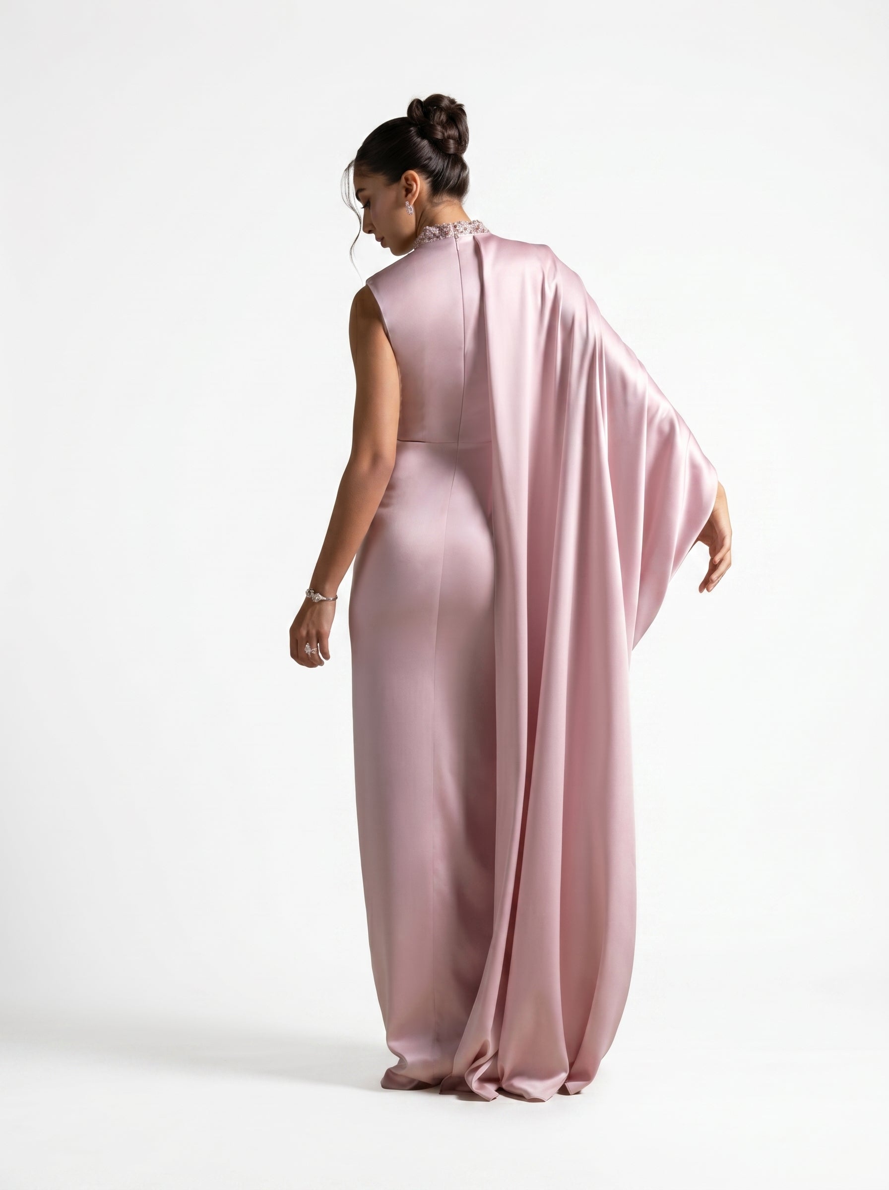 Aaliyah Pink Quartz Cape Gown side view by MOOEi — Luxury Evening Wear Dubai