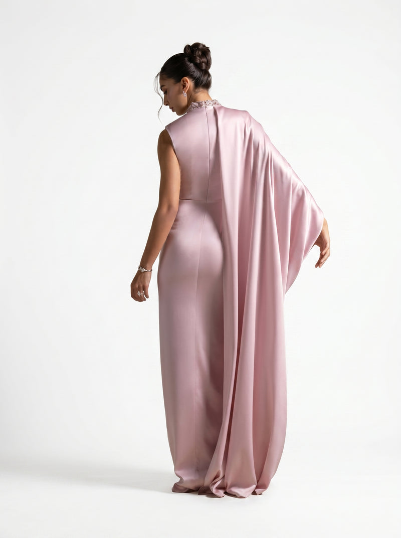 Aaliyah Pink Quartz Cape Gown side view by MOOEi — Luxury Evening Wear Dubai