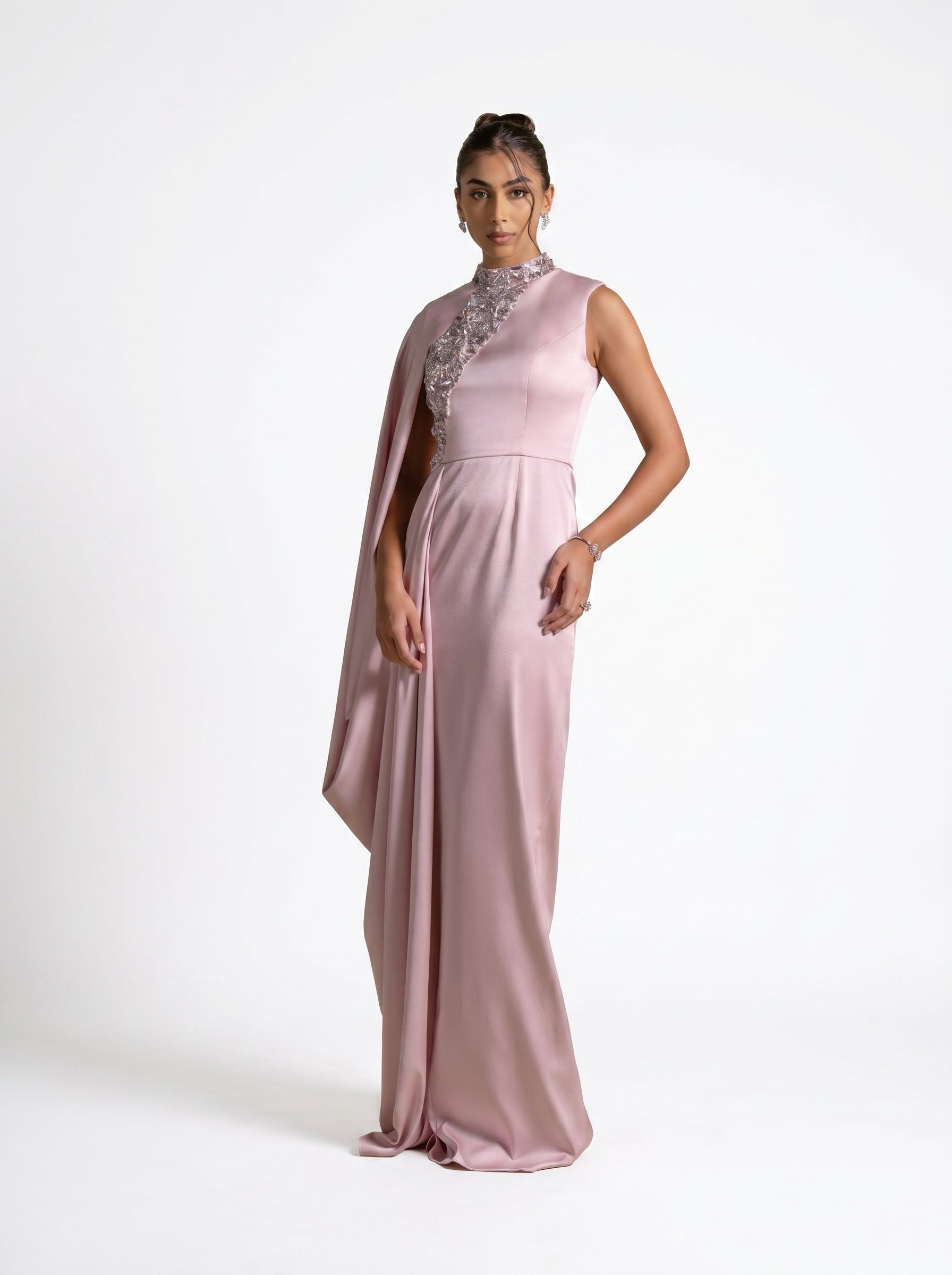 Aaliyah Pink Quartz Satin Crystal Embellished Cape Gown by MOOEi — Luxury Evening Wear Dubai