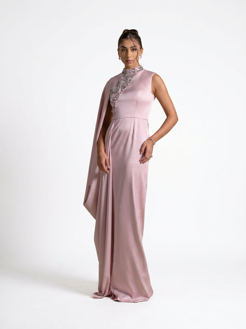 Aaliyah Pink Quartz Satin Crystal Embellished Cape Gown by MOOEi — Luxury Evening Wear Dubai