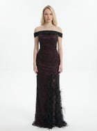 Amira Deep Plum Off Shoulder Embellished Feather Thigh Slit Gown by MOOEi — Luxury Evening Wear Dubai