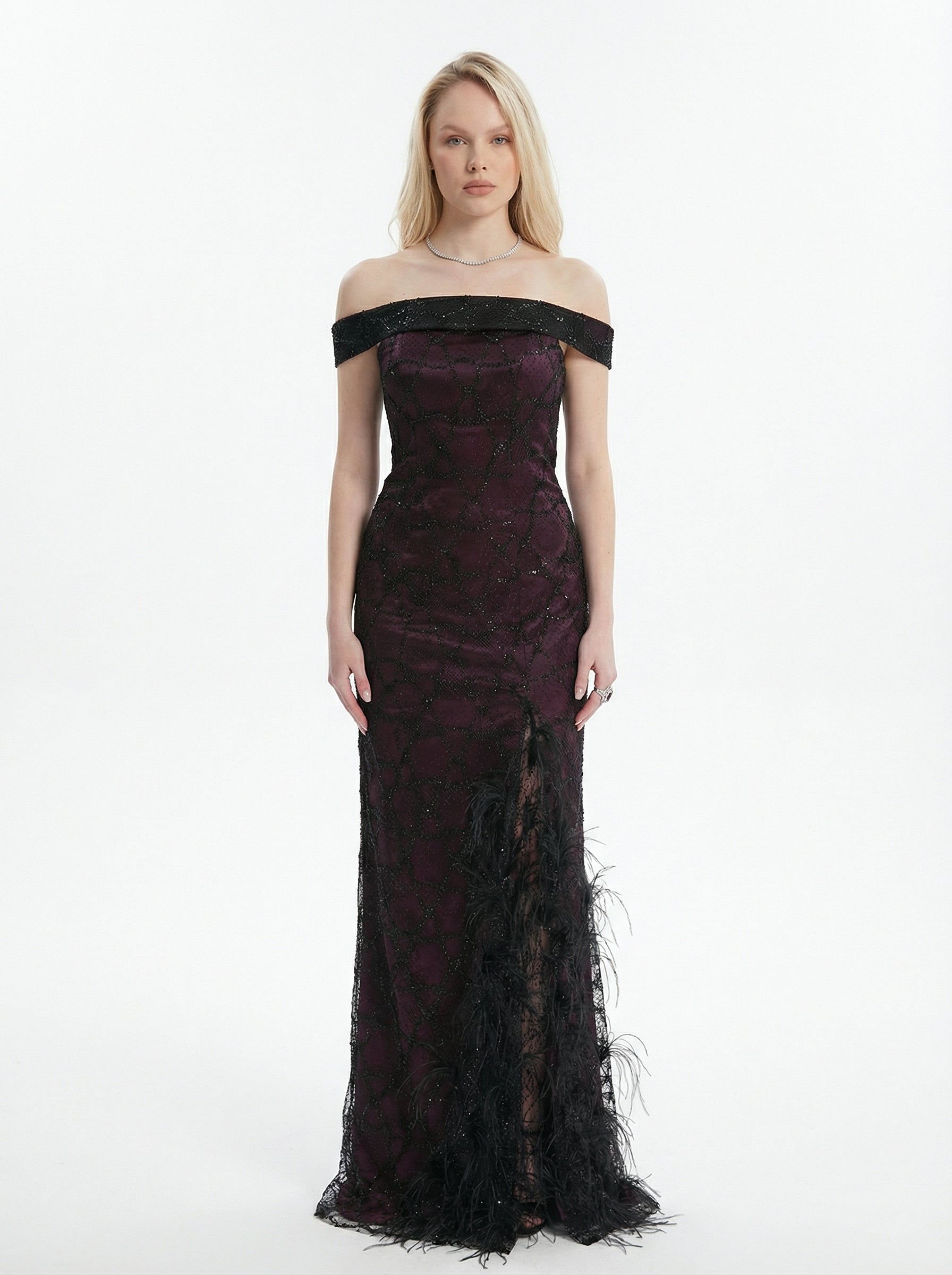 Amira Deep Plum Off Shoulder Embellished Feather Thigh Slit Gown by MOOEi — Luxury Evening Wear Dubai