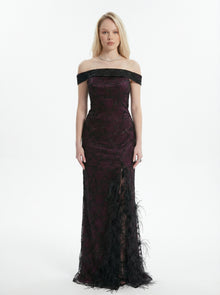 Amira Deep Plum Off Shoulder Embellished Feather Thigh Slit Gown by MOOEi — Luxury Evening Wear Dubai