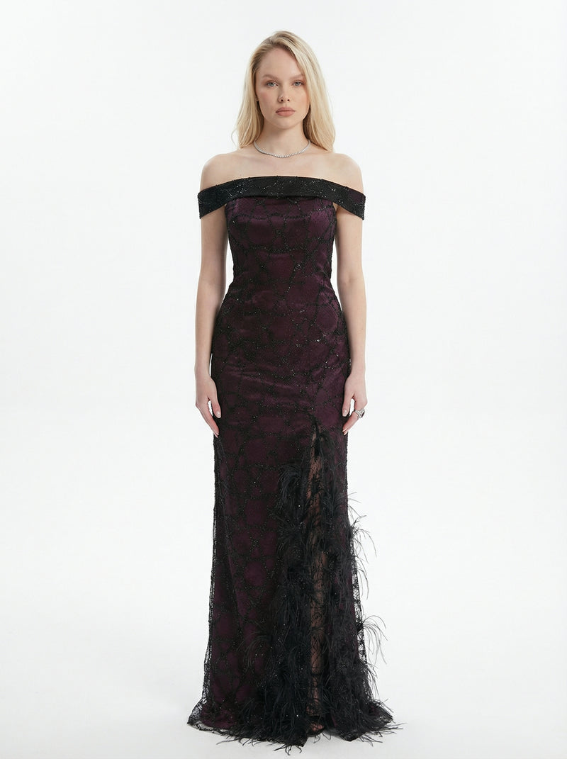 Amira Deep Plum Off Shoulder Embellished Feather Thigh Slit Gown by MOOEi — Luxury Evening Wear Dubai