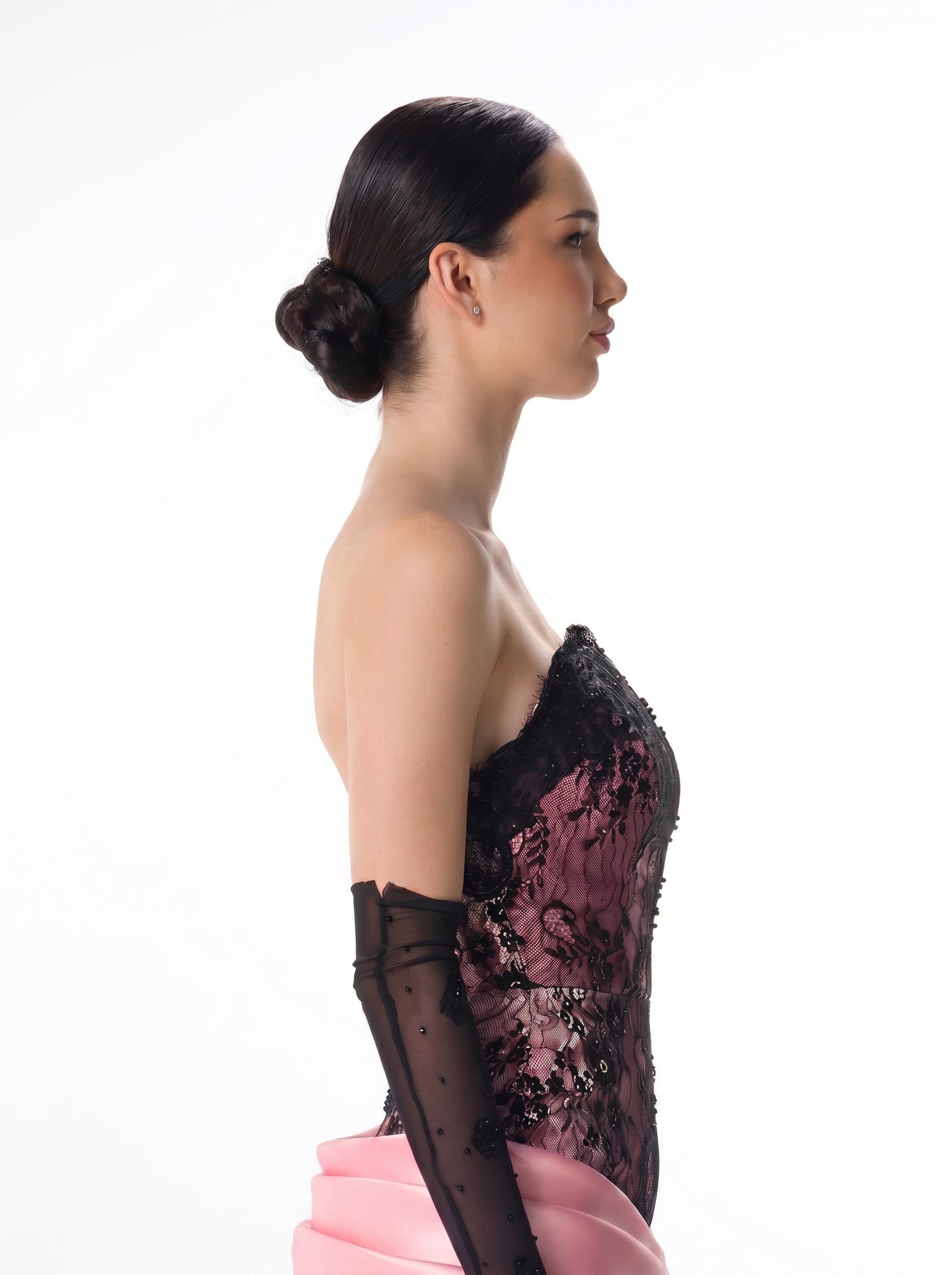 Pigalle Pink Black Mikado Lace Corset Ball Gown