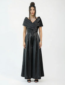 Nola Black Satin Draped Statement Jumpsuit by MOOEi — Luxury Evening Wear Dubai