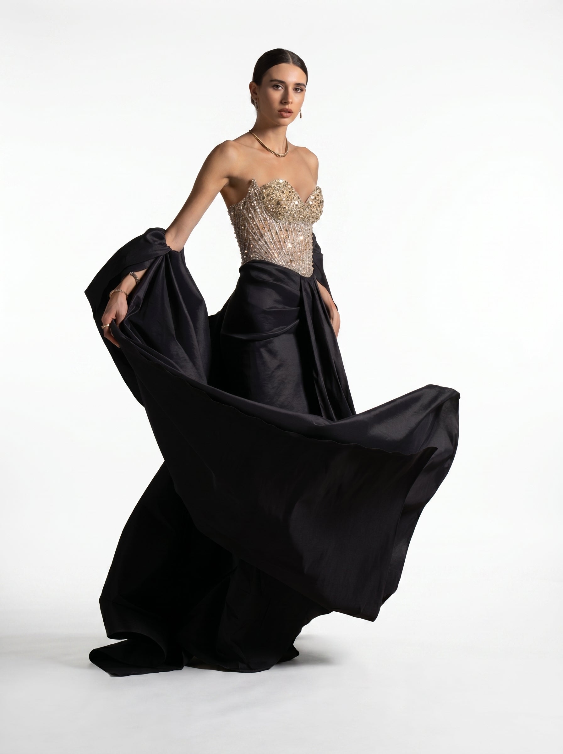 Marguerite Black Beaded Corset Bodice Draped Skirt Couture Gown
