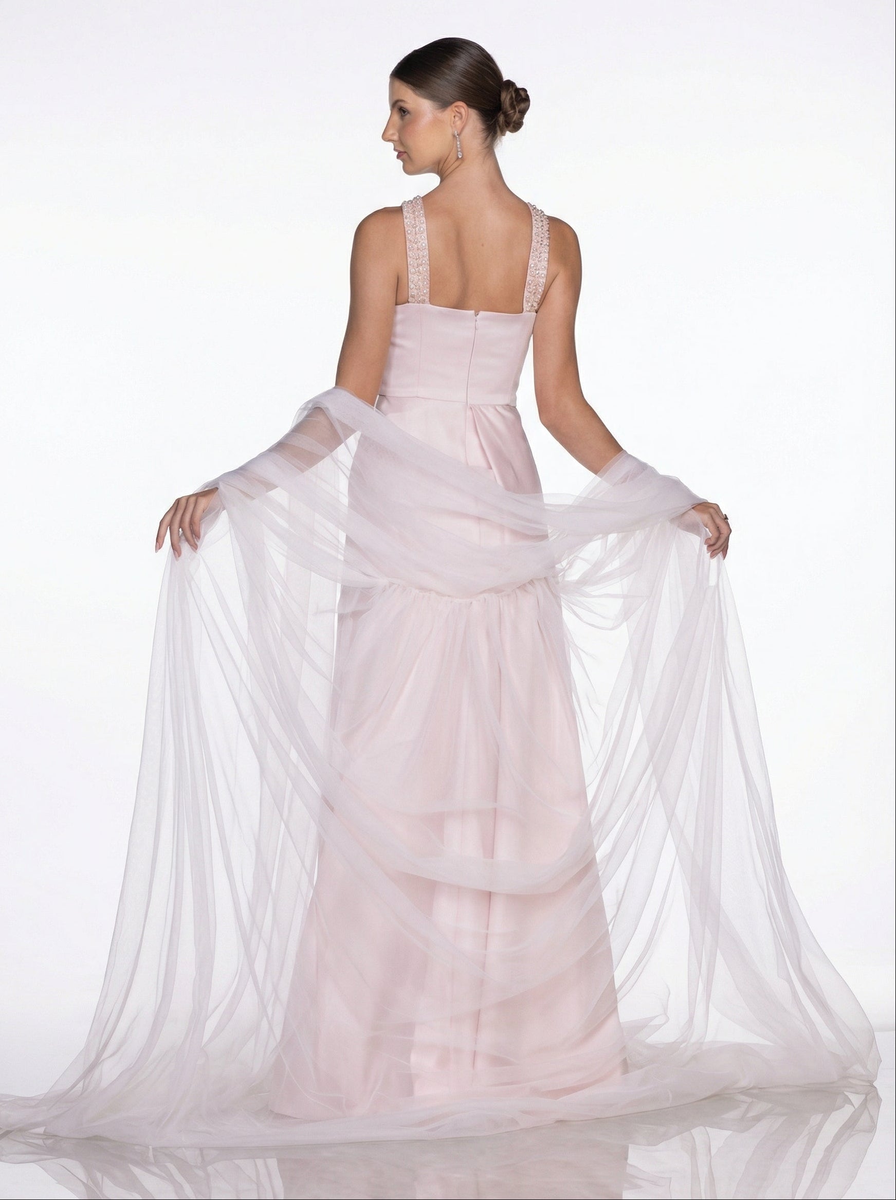 Lily Blush Pink Pleated Skirt Set side view by MOOEi — Luxury Evening Wear Dubai
