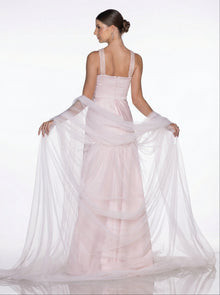 Lily Blush Pink Pleated Skirt Set side view by MOOEi — Luxury Evening Wear Dubai