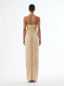 Lindy Beige Sequin Halter Column Gown