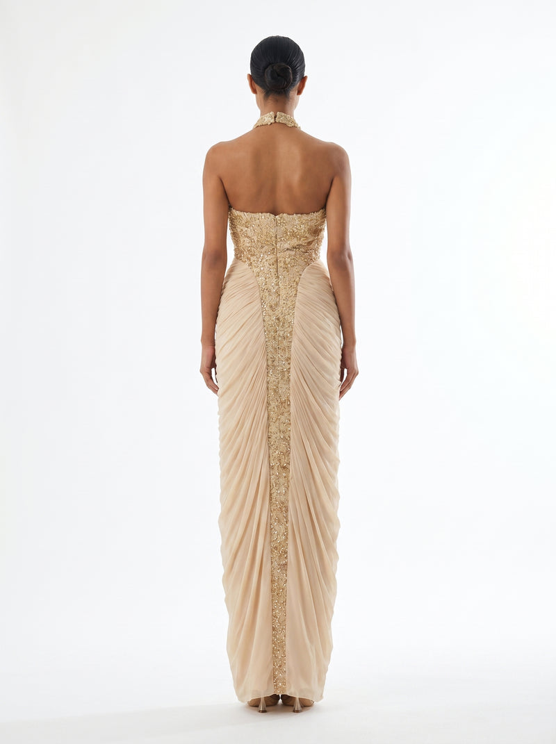 Lindy Beige Sequin Halter Column Gown