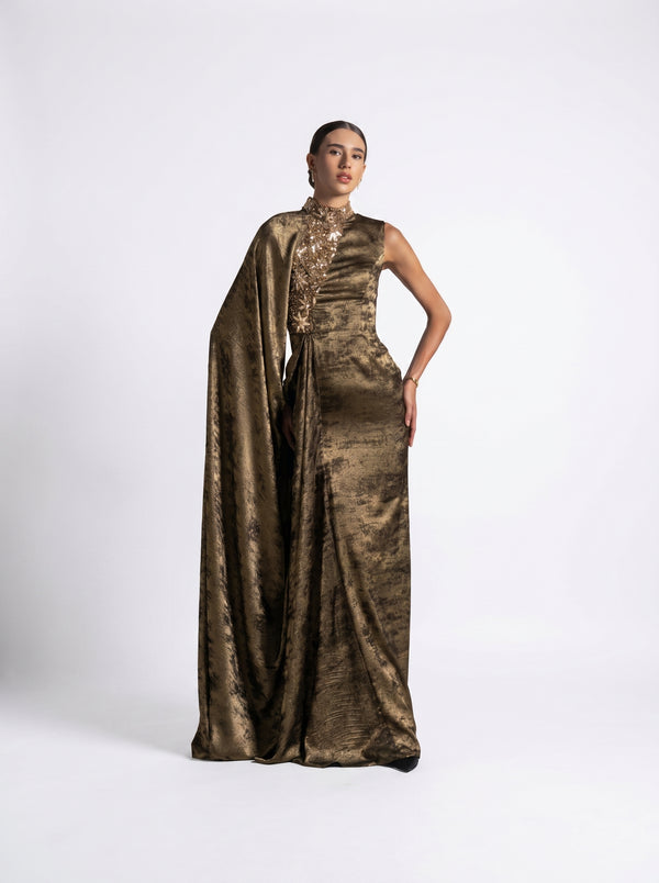 Grace Fatigue Green Cape Embellished Couture Gown