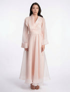 Bella Azalea Pink Sheer Organza Wrap Shawl Collar Gown detail by MOOEi — Luxury Evening Wear Dubai