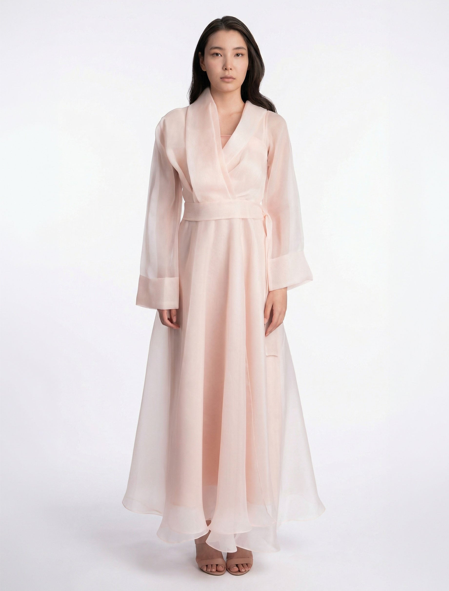 Bella Azalea Pink Sheer Organza Wrap Shawl Collar Gown detail by MOOEi — Luxury Evening Wear Dubai