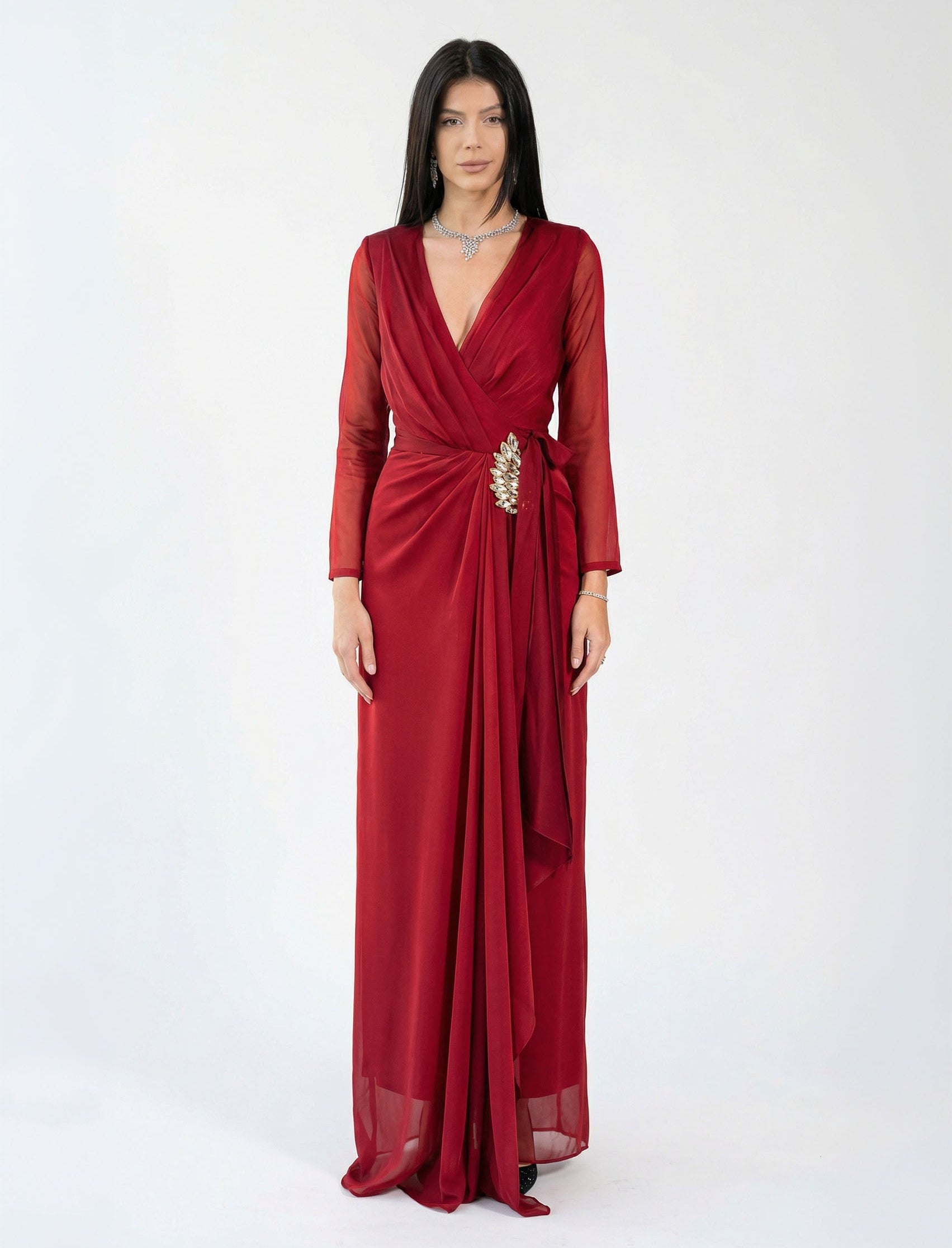 Vivica Scarlet Red Chiffon V Neck Crystal Brooch Sheer Sleeve Gown by MOOEi — Luxury Evening Wear Dubai
