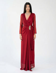 Vivica Scarlet Red Chiffon V Neck Crystal Brooch Sheer Sleeve Gown by MOOEi — Luxury Evening Wear Dubai