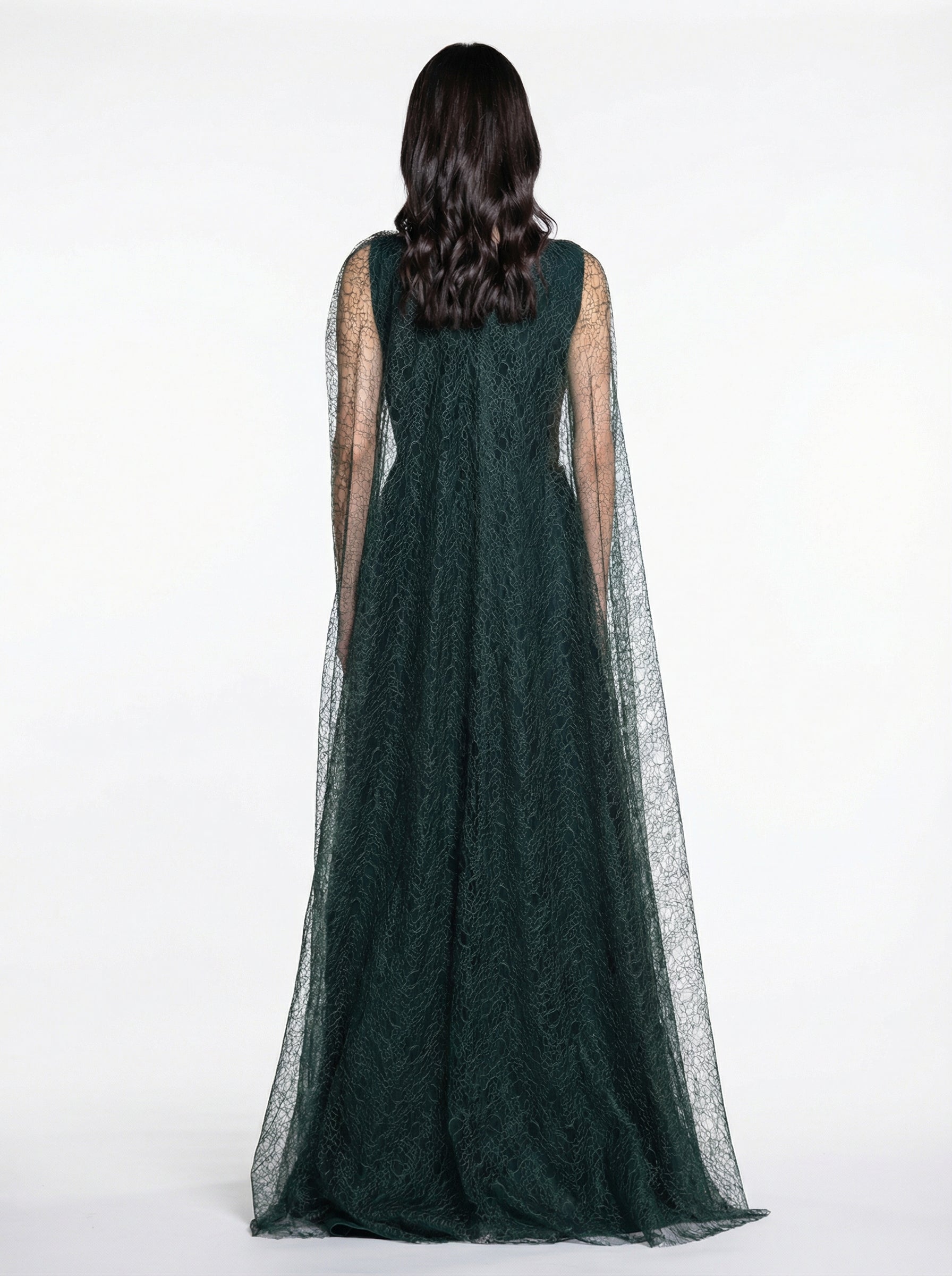 Birkin Emerald Crepe Satin Lace Gown side view by MOOEi — Luxury Evening Wear Dubai