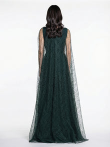Birkin Emerald Crepe Satin Lace Gown side view by MOOEi — Luxury Evening Wear Dubai