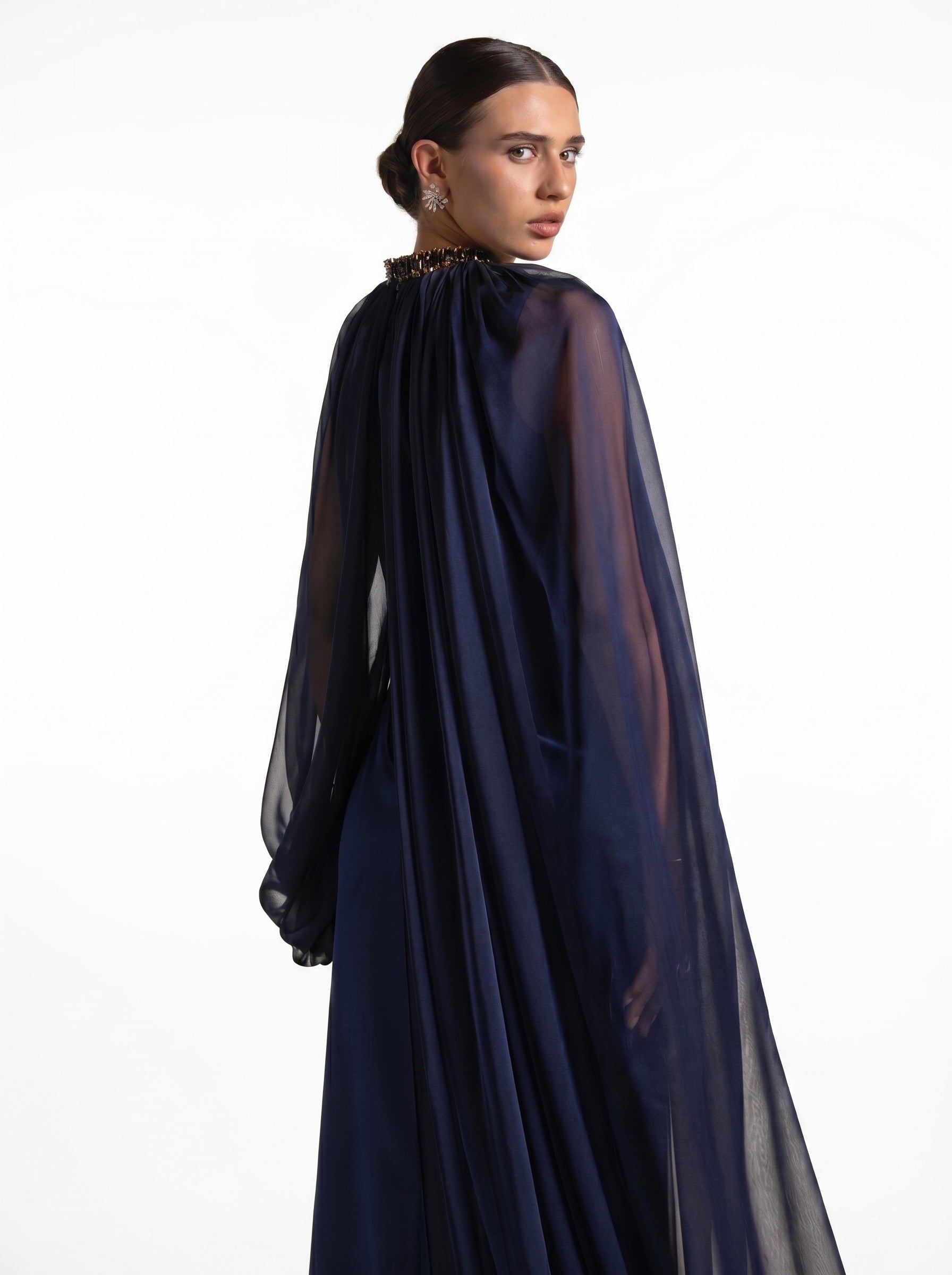 Daryan Royal Blue Satin Chiffon Cape Gown