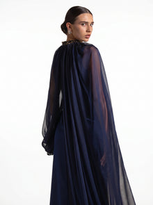 Daryan Royal Blue Satin Chiffon Cape Gown