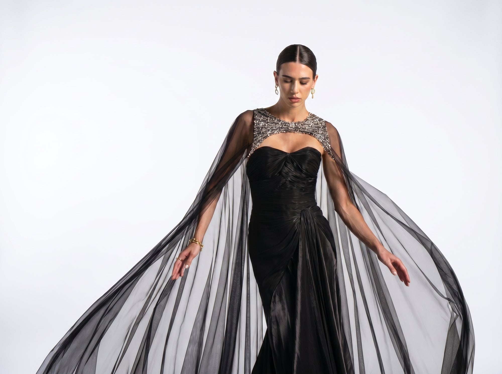 Neriah Black Sweetheart Embellished Sheer Tulle Cape Couture Gown