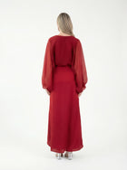 Fiora Monza Red Pleated Chiffon Gown side view by MOOEi — Luxury Evening Wear Dubai