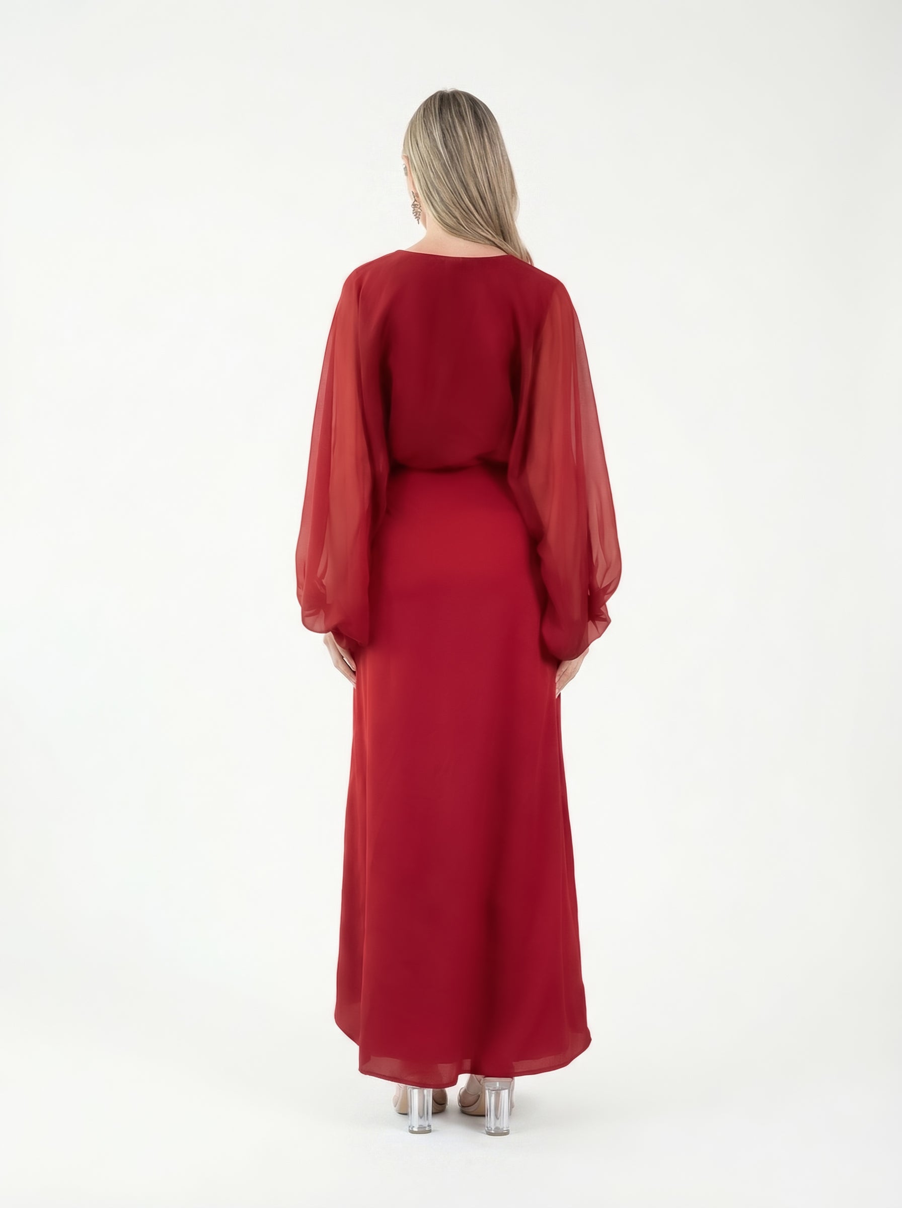 Fiora Monza Red Pleated Chiffon Gown side view by MOOEi — Luxury Evening Wear Dubai