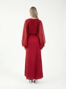Fiora Monza Red Pleated Chiffon Gown side view by MOOEi — Luxury Evening Wear Dubai