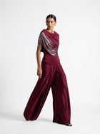 Diana Maroon Asymmetric Draped Metallic Detail Gown