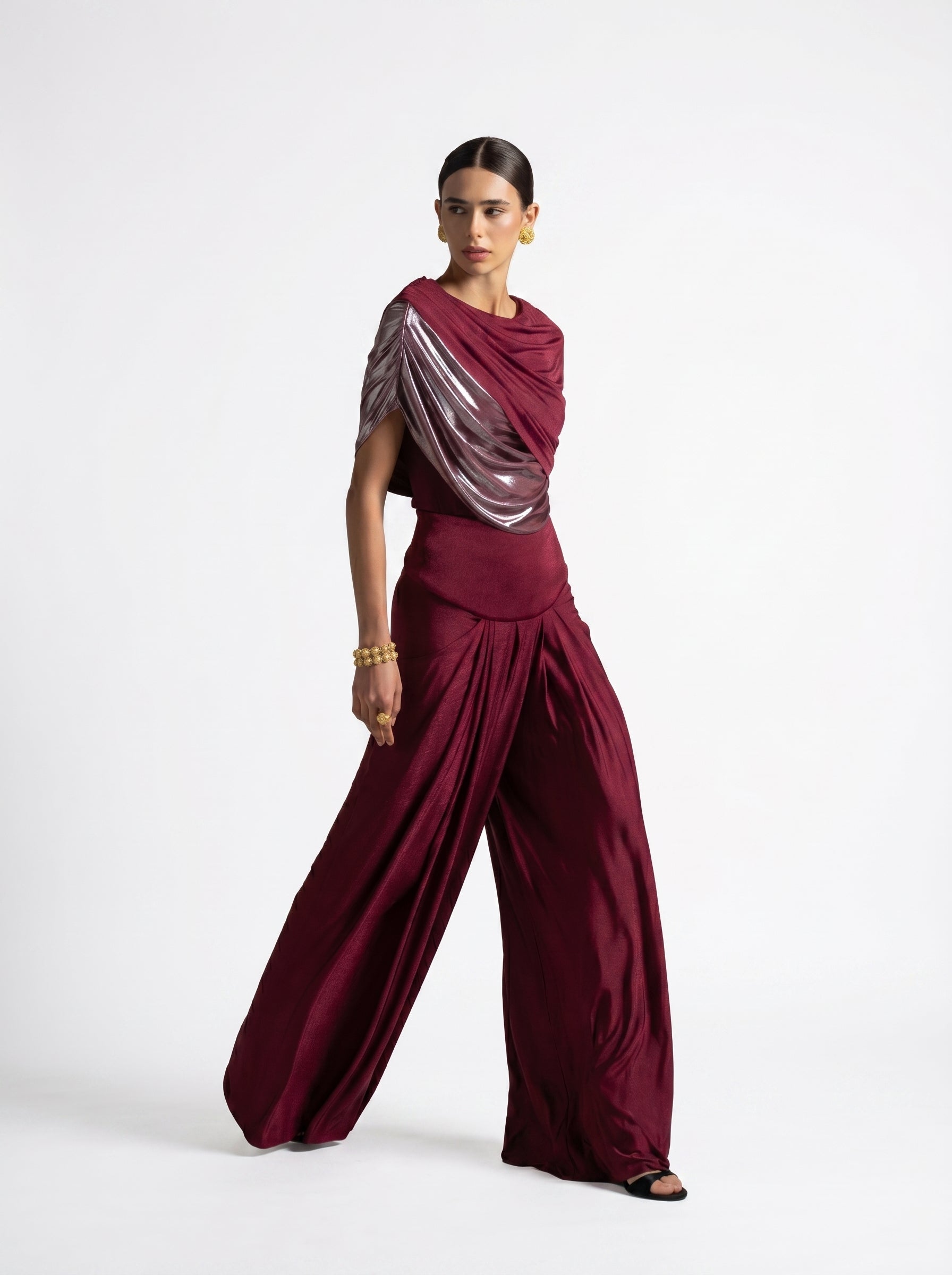 Diana Maroon Asymmetric Draped Metallic Detail Gown