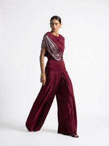 Diana Maroon Asymmetric Draped Metallic Detail Gown