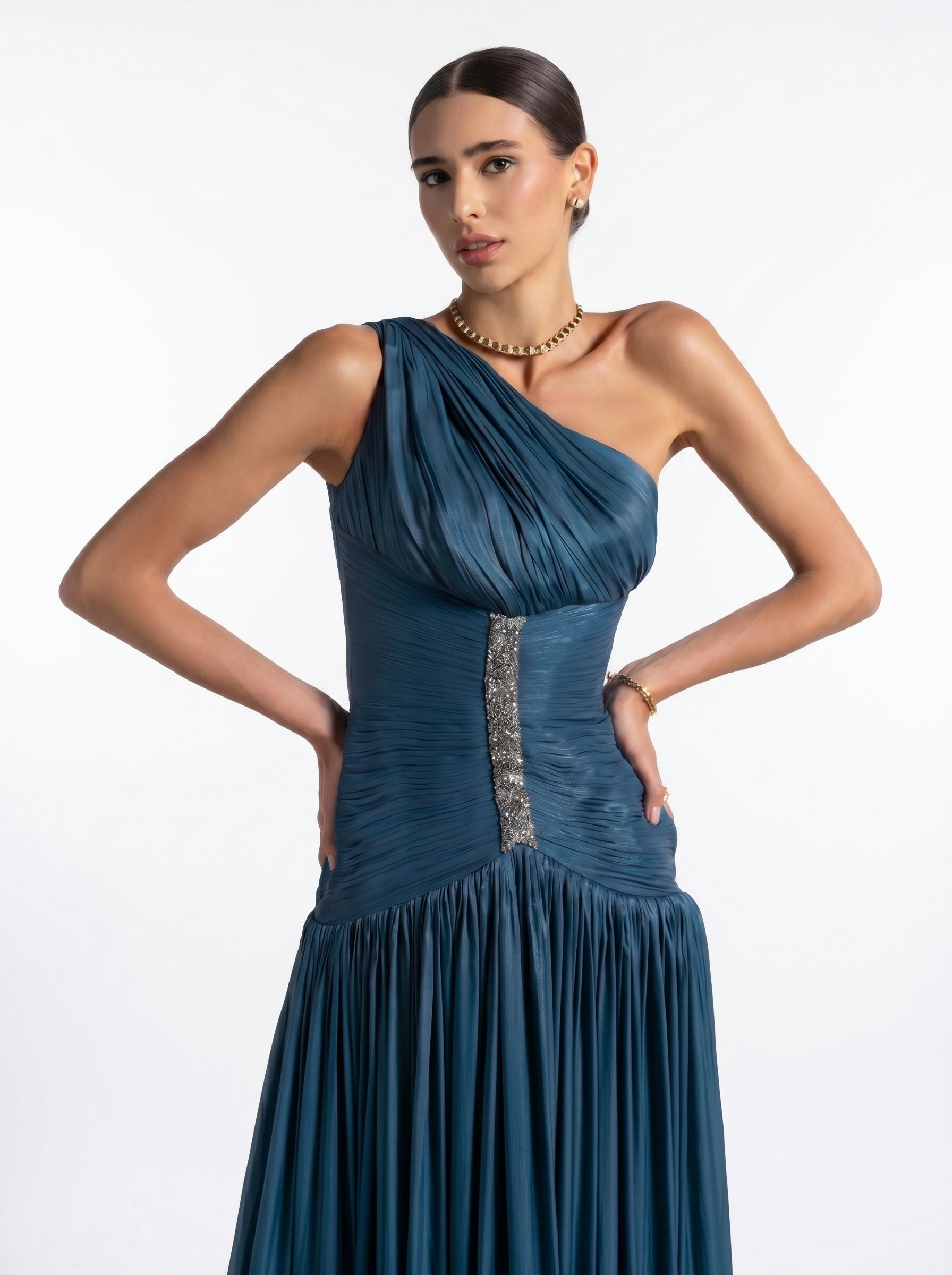 Layali Turquoise One Shoulder Ruched Embellished Couture Gown