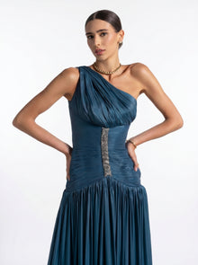 Layali Turquoise One Shoulder Ruched Embellished Couture Gown