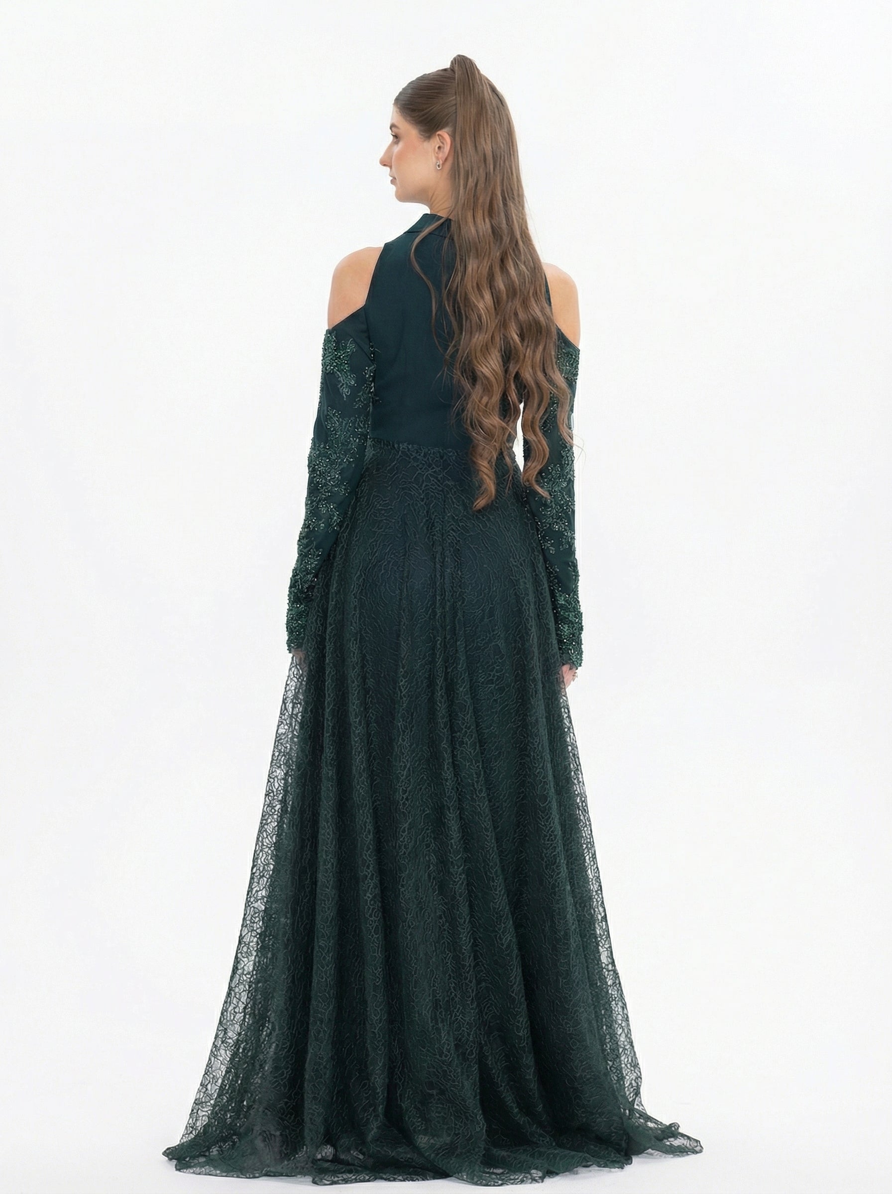 Pochette Emerald Crepe Lace Feather Gown side view by MOOEi — Luxury Evening Wear Dubai