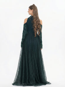 Pochette Emerald Crepe Lace Feather Gown side view by MOOEi — Luxury Evening Wear Dubai