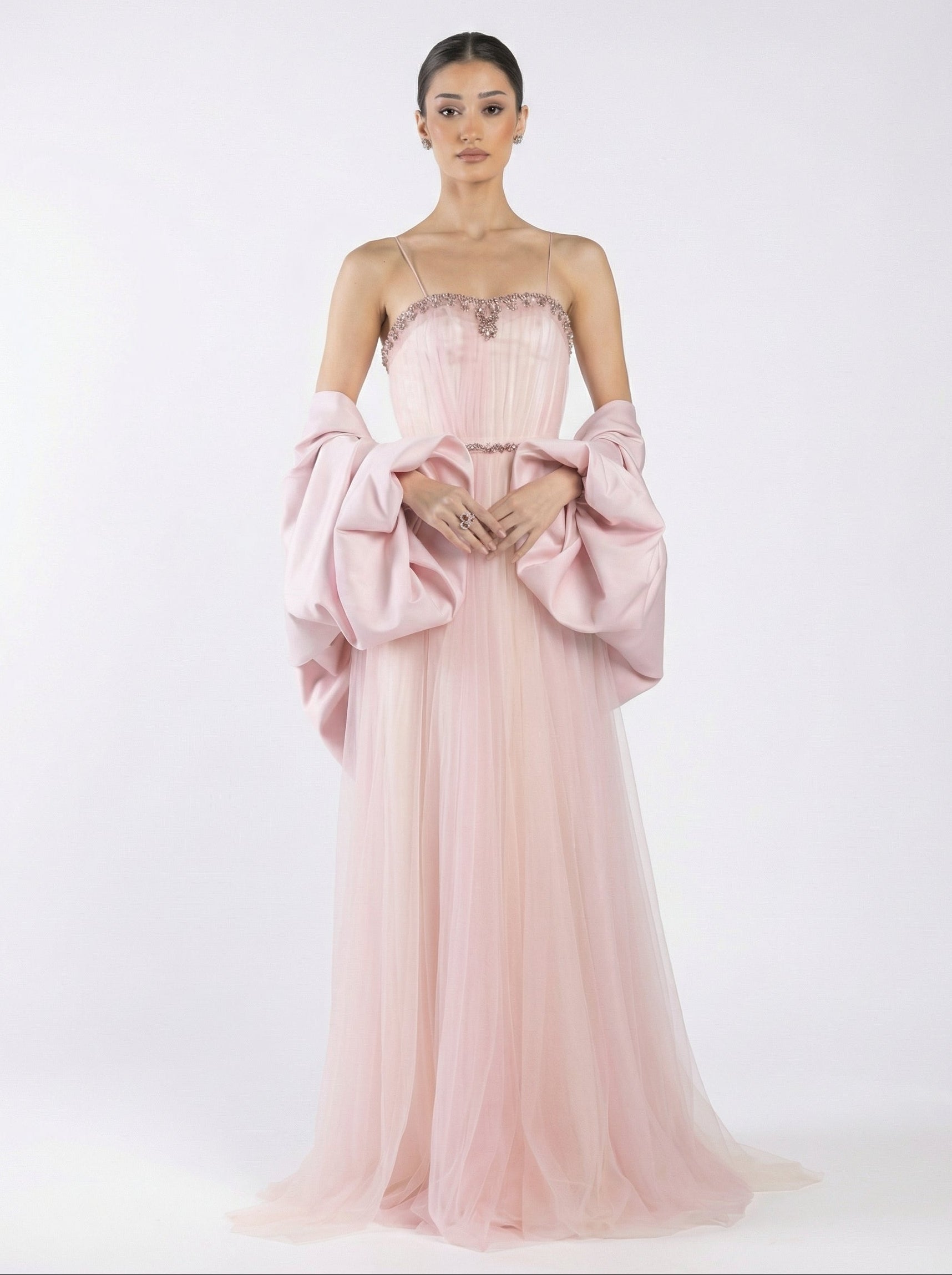Miss Waad Two Tone Tulle Cape Gown detail by MOOEi — Luxury Evening Wear Dubai
