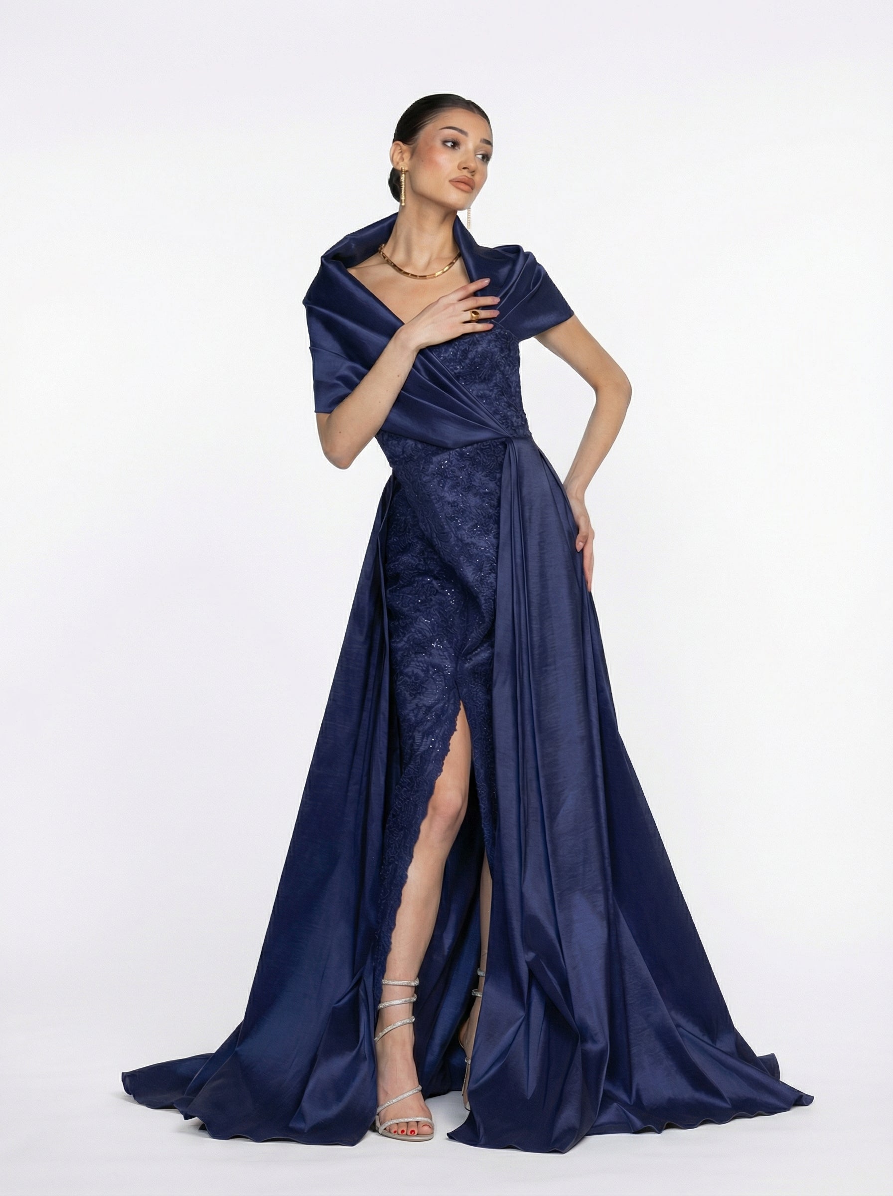 blue taffeta dress Fit and Flare La Divine CM372 Sparkly Gowns line balloon skirt that flows to a hemline in the front and gradually angles down to a formal floor length in the back Donna Karan Women's Sleeveless Pleated