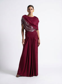 Diana Maroon Asymmetric Draped Metallic Detail Gown