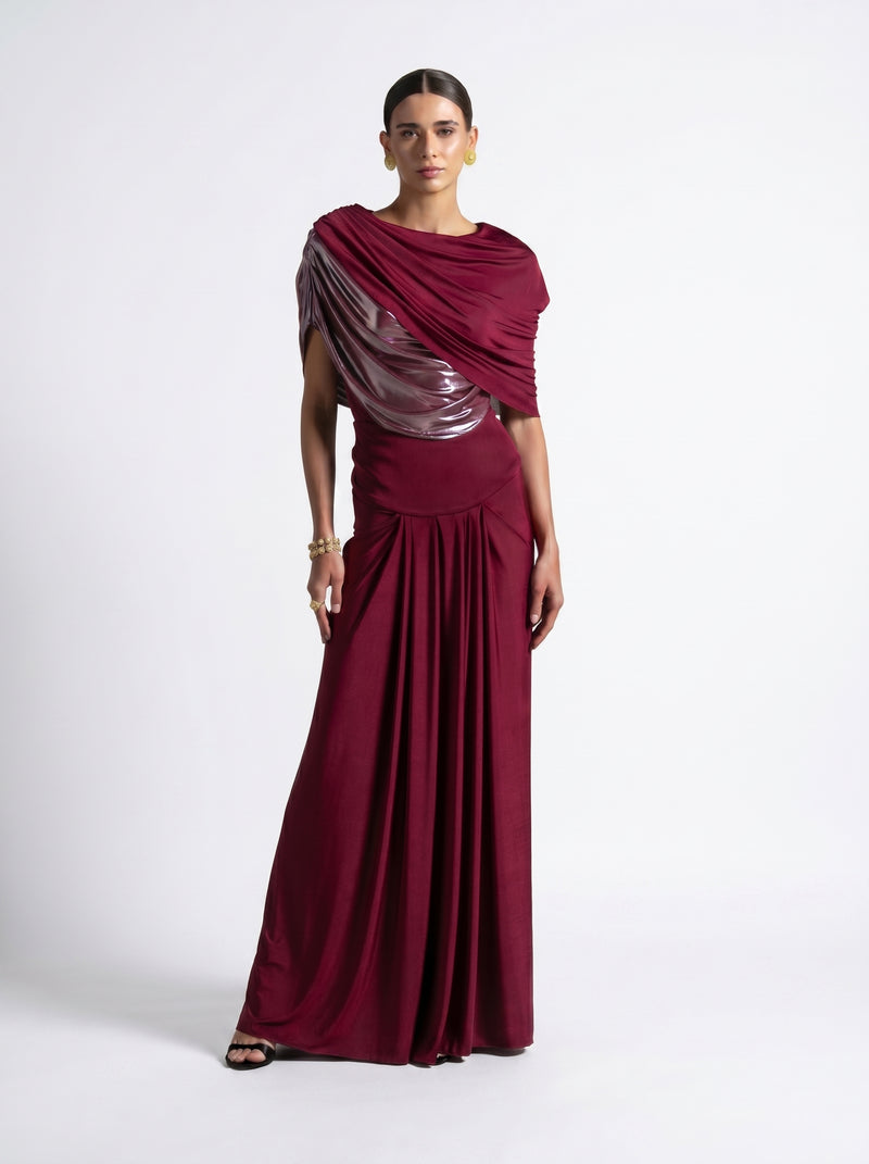 Diana Maroon Asymmetric Draped Metallic Detail Gown